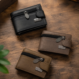 Premium Men’s Mini Leather Wallet With Zipper & Button | 8 Card Slots | Dollar Size | With Box