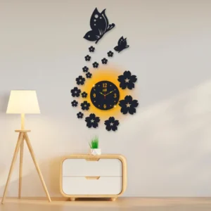 3d wall clock | Wall Clock With Wooden Butterflies  , Flowers  with light