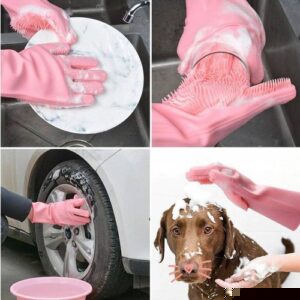 Magic Silicone Dish washing Gloves – Reusable Rubber Cleaning Gloves with Built-In Scrubber for Kitchen & Household Use (Random color)