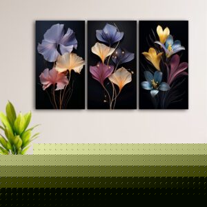 Set Of 3 Flowers Art Wooden Frames For Wall Decoration / Sticky Photo Tiles