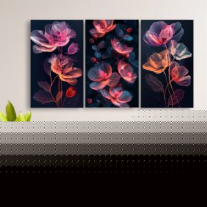 Set Of 3 Flowers Art Wooden Frames For Wall Decoration / Sticky Photo Tiles