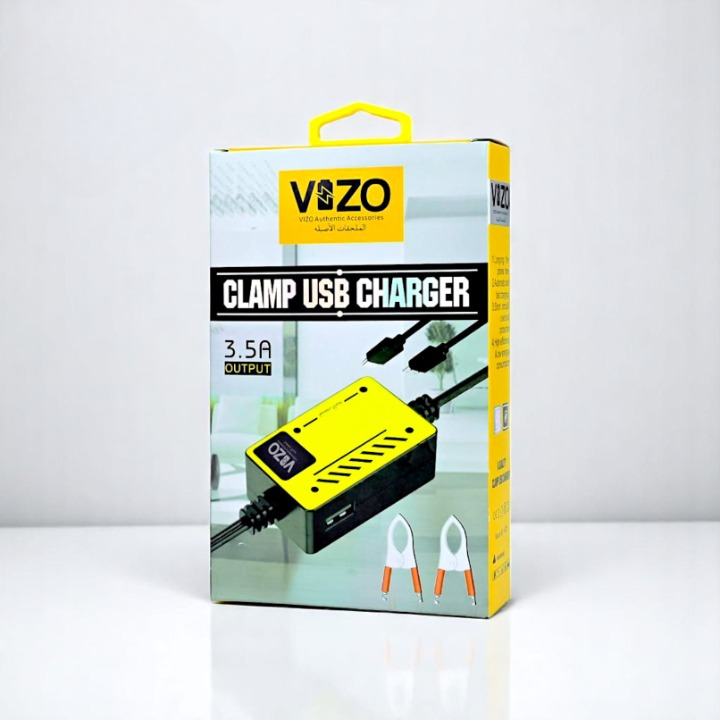 Vizo V5000 – Multi-Port Clip Charger | V5000 – 3.5A Multi-Port Clip Charger with Micro USB, Type-C & USB-A | Versatile Clamp Design for Smartphones & Tablets