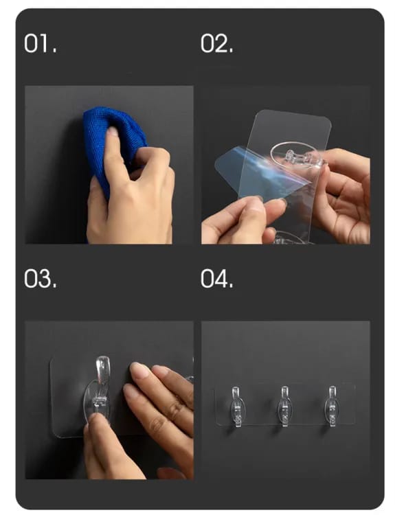 6 Row Transparent Self-Adhesive Wall Hooks – Multi-Purpose Clothes, Coats, Towels, Keys, Kitchen & Bathroom Storage Rack